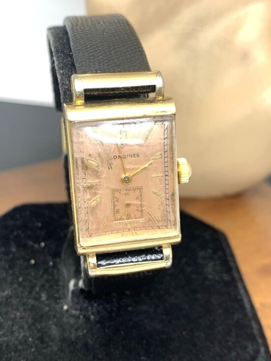 Longines Watch 1930s Vintage Swiss Mechanical Rose Dial Black Leather Strap Tank main image 4